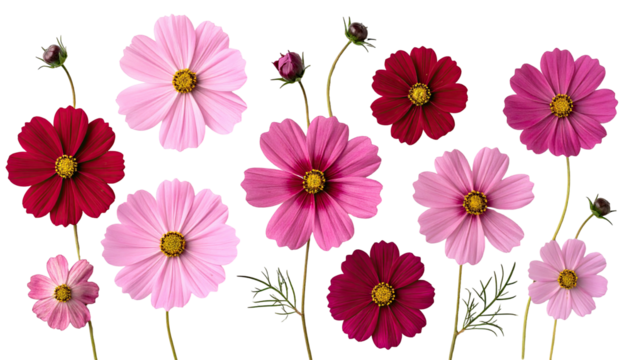 Assorted cosmos flowers in various shades of pink and red