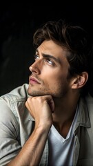 Fototapeta premium Contemplative Portrait of Man Resting Chin on Hands. Portrait of a man resting his chin on his hands, eyes looking away, soft shadows and sensual contemplative mood.