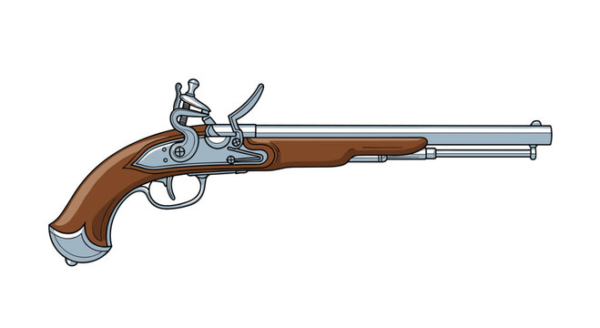 A classic antique flintlock pistol, rendered as a cartoon illustration with a brown wooden stock and metallic components, isolated on white.