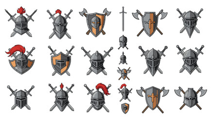 A collection of medieval knight helmets, crossed swords, shields, and axes, presented as emblems and symbols on a white background.