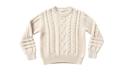Cream colored traditional knitwear garment displays intricate cable patterns on a solid black background