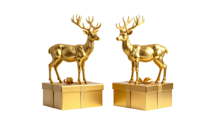 Twin gold deer statuettes on gold gifts against black