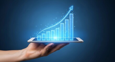 A hand holding a tablet displaying a glowing blue bar graph with an upward trending arrow, symbolizing growth and success.