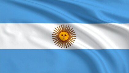 Argentinian flag with light blue bands, white center, and radiant Sun of May emblem.