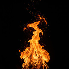 Fiery orange flame dancing against a stark black background, showcasing intricate details.