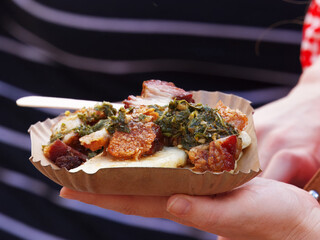 Close-up of a Colombian dish with roasted pork belly, dumplings, and spinach sauce served at the Karlin Food Festival in Prague.