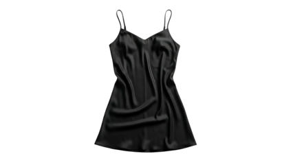 Luxurious black satin chemise hangs suspended against a stark black background