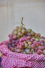 Fresh bunches of pink and green grapes displayed in a basket with red checkered cloth at a local market in Granada, Spain. autumn harvest