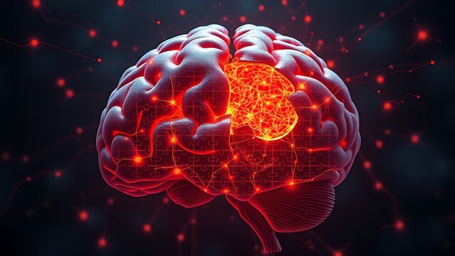 A fractured digital brain puzzle with biological neurons slipping through, illustrating AI limitations. - Powered by Adobe