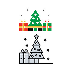 Obraz premium Christmas Tree and Gifts Icon Set - Flat and Outline Vector