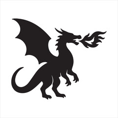 Silhouette dragon breathing fire black mythical creature vector illustration