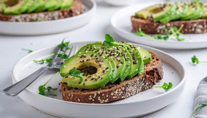 Avocado Toast Delight Artisan Bread Topped with Sliced Avocado and Sesame Seeds