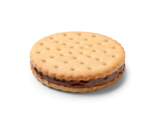 Tasty sandwich biscuit with chocolate cream on white background