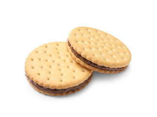 Tasty sandwich biscuits with chocolate cream on white background