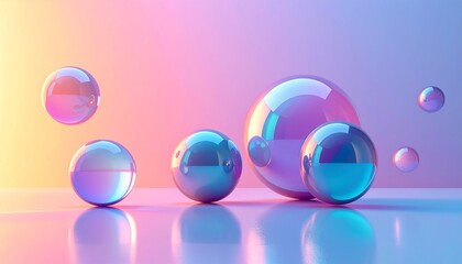 Glossy translucent spheres in gradient lighting on reflective surface, arranged in soft focus.