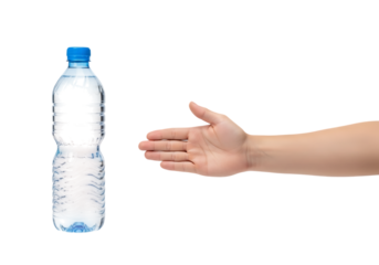 Hand reaching for a dark bottle of beverage studio shot. Isolated on transparent background, png