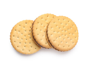 Tasty sandwich biscuits with chocolate cream on white background