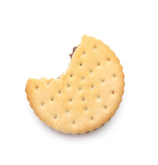 Delicious sandwich biscuits with chocolate cream on white background