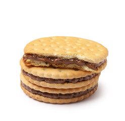 Delicious sandwich biscuits with chocolate cream on white background