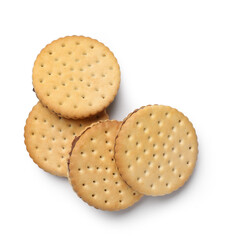 Delicious sandwich biscuits with chocolate cream on white background