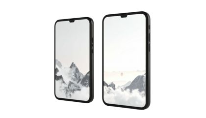 Two smartphones display snowy mountains on black background