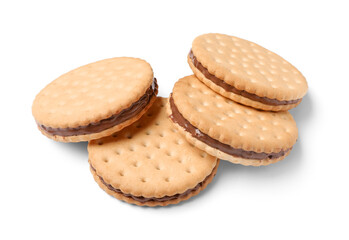 Delicious sandwich biscuits with chocolate cream on white background