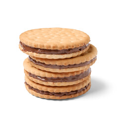 Stack of delicious sandwich biscuits with chocolate cream on white background