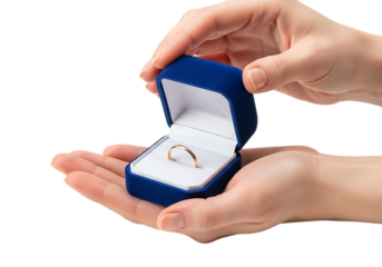 Hands opening blue ring box revealing diamond engagement ring proposal moment. Isolated on transparent background, png