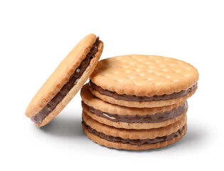 Delicious sandwich biscuits with chocolate cream on white background