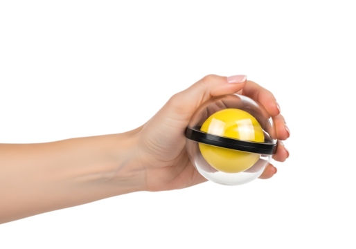 Person's hand holding a swirling gyroscopic planet spinner toy. Isolated on transparent background, png