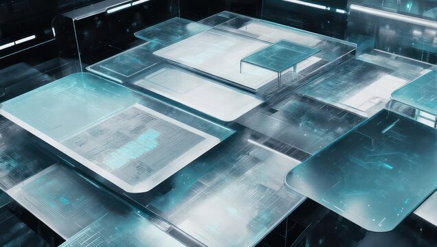 Abstract digital interface, layered translucent panels, teal and white displays, complex structure