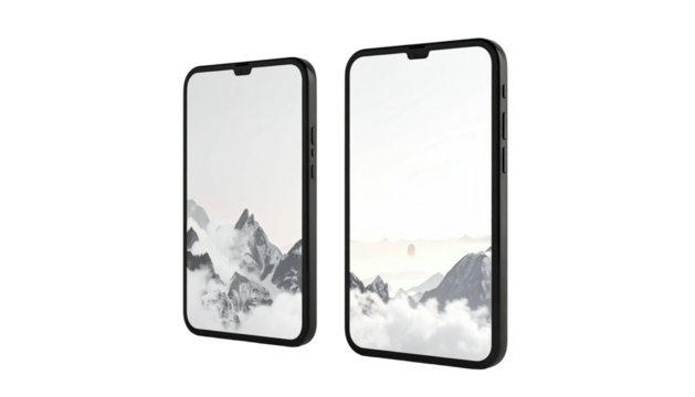Two smartphones display snowy mountains on black background