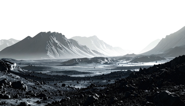 Grey mountain range at sunrise. Silhouetted rocks below