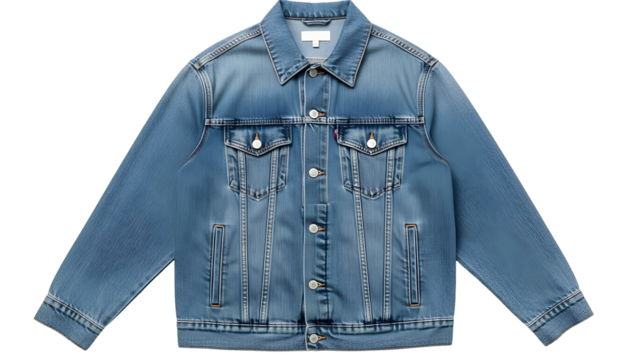 Classic blue denim outerwear garment presented against a dark background