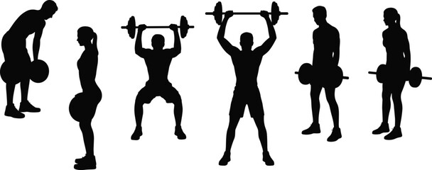 Flat vector silhouettes of athletes lifting barbells, strength training poses, gym workout movements, fitness exercise icons for health illustrations