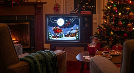 A cozy Christmas living room displays a vintage TV showing a pixelated Santa flying over a snowy village, alongside a warm fireplace and a festive tree