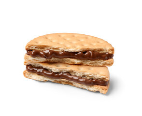 Broken sandwich biscuit with chocolate cream on white background