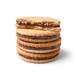 Stack of sandwich biscuits with chocolate cream on white background