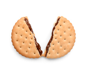 Broken sandwich biscuit with chocolate cream on white background