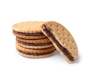 Sandwich biscuits with chocolate cream on white background