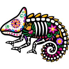 Colorful Skeleton Chameleon Illustration With Floral And Swirl Designs Day Of The Dead Themed Art
