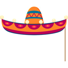 Colorful Sombrero Hat Decoration on a Stick with Ornate Trim and Festive Pom Poms on a Transparent Background
