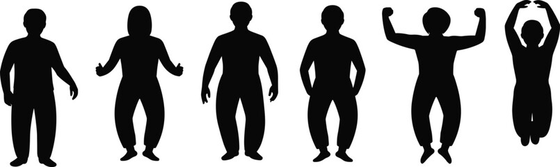 Flat vector silhouette illustration of human figures in various standing and active poses, body gesture, movement, posture, energy, expression, form