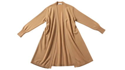 Long open-front knitted outerwear drapes elegantly against a solid black background