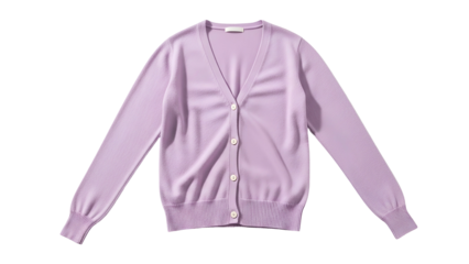 Plain lavender knit pullover garment featuring long sleeves and button closure displayed against a dark background
