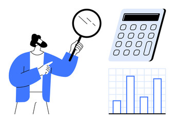 Person observing with a magnifying glass, large calculator, and bar chart. Ideal for analytics, budgeting, finance, decision-making, problem-solving business strategy market research. Simple flat
