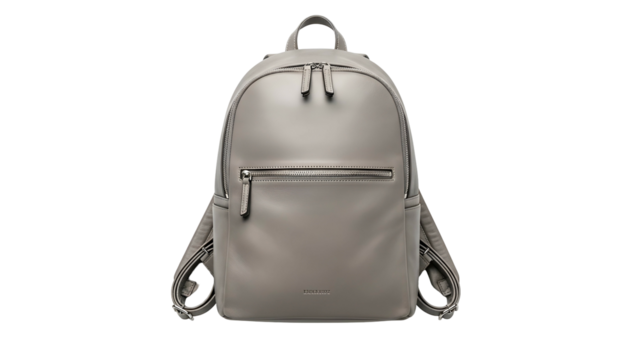 Sleek gray leather backpack displays minimalist design against a dark background