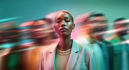 Calm African American modern businesswoman standing still while teal green and pink crowd moves around