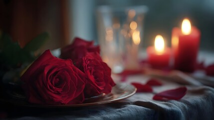A romantic table setting with deep red roses lit candles and scattered petals evoking int y and warmth
