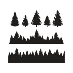 Pine and Fir Trees Silhouette Vector Set with Forest Borders